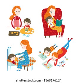 Happy family. A mother and her son. Graphic set. Vector illustration isolated on a white background.