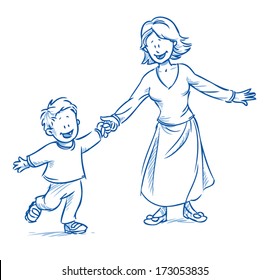 happy family, mother with her son, playing in her leisure time, running and laughing - hand drawn sketch