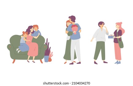 Happy family mother hugs children. Young couple in love. Woman giving a friend present box.