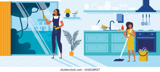 Happy Family Mother and Little Daughter Cleaning Home on Weekend. Mom Washing Window, Girl Mopping Floor on Kitchen. Togetherness, Activity, House Interior, Relations Cartoon Flat Vector Illustration.