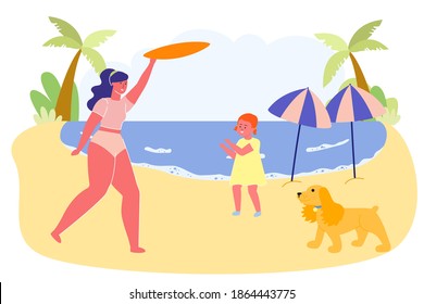 Happy Family Mother Little Daughter and Funny Dog Playing Active Game on Seaside at Summer Time. Parent and Child Enjoying Vacation Spend Time at Ocean Cost Having Joy.Cartoon Flat Vector Illustration