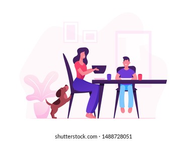 Happy Family of Mother, Little Kid and Pet Having Dinner Sitting at Table with Food. Mom and Son Eating Meal and Talking Together, Cheerful Characters During Lunch. Cartoon Flat Vector Illustration