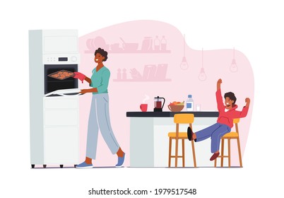Happy Family Of Mother And Little Kid At Kitchen Spend Time Together, Son Sitting At Table With Food. Mom Cooking Bakery, Cheerful Characters During Lunch Time On Weekend. Cartoon Vector Illustration