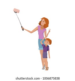 Happy family mother and little son yaving fun making selfie vector cartoon illustration eps10
