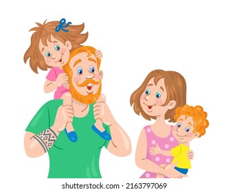 Happy family. Mother with little son and father with daughter on his shoulders. Portrait in cartoon style. Isolated on white background. Vector flat illustration.