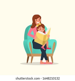 Happy family, mother reading book with daughter character vector design.