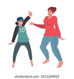 Happy Family Mother with Teen Son Dancing at Home Party, Woman and Boy Dance. Male and Female Characters Weekend Sparetime, Leisure, Rejoice, Togetherness Concept. Cartoon People Vector Illustration.