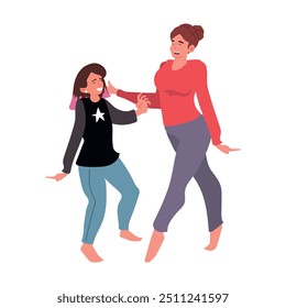 Happy family mother with teenage daughter dancing at home party, woman and girl dancing. Female characters leisure weekend, leisure, joy, togetherness concept. Cartoon People Vector Illustration.