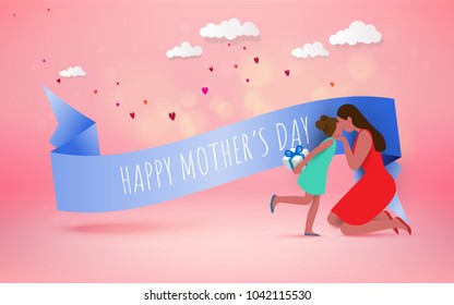 Happy family, Happy mother's day. Mom and her daughter child are playing, smiling and kissing. Family holiday and togetherness.