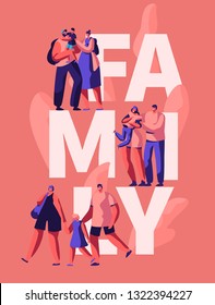 Happy Family Motivation Typography Banner. Son Mother and Dad Character on Greeting Poster. Parent Hug Kid on Advertising Card Template. Holiday Vertical Leaflet Flat Cartoon Vector Illustration