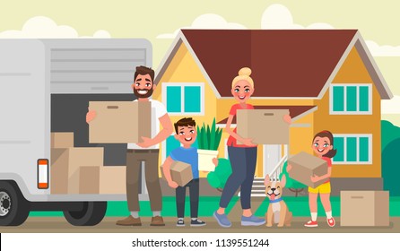 Happy family moves to a new house. Father, mother and children are holding boxes with things in the background of the home. Vector illustration in cartoon style