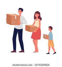 Happy family moving house flat vector illustration isolated on white background. Married couple with child cartoon characters carrying things packed in cardboard boxes.