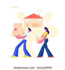 Happy Family Moving into New House. Husband and Wife Carry Cardboard Boxes in Hands, Bringing Things and Pet at Home. People Buying Real Estate Apartments for Living Cartoon Flat Vector Illustration