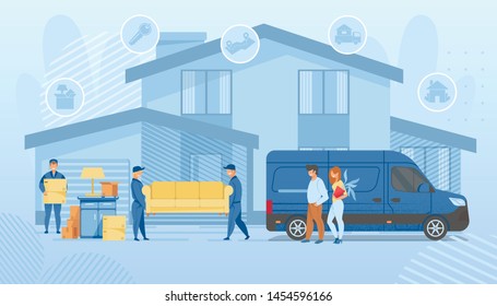 Happy Family Moving into New House. Workers Carrying Cardboard Boxes, Furniture and Things at Home. People Buying Real Estate Apartments for Living, Loader Service. Cartoon Flat Vector Illustration