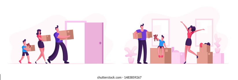 Happy Family Moving into New House. Mother, Father and Little Son Carry Boxes and Things to Home. People Buying Real Estate Apartments for Living, Relocation Process Cartoon Flat Vector Illustration