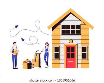 Happy Family Moving into New House. Mother, Father and Little Son Carry Boxes and Things to Home. People Buying Real Estate Apartments for Living, Relocation Process Cartoon Flat Vector Illustration