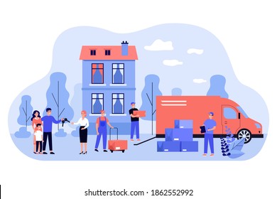 Happy family moving into new house flat vector illustration. Cartoon men unloading things and furniture in boxes from truck. Relocation and resettlement concept