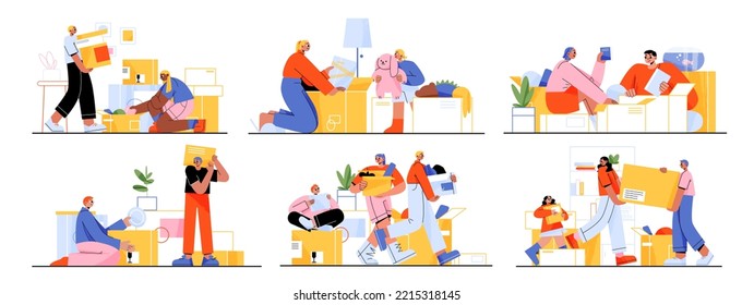 Happy family moving into new house, people relocation. Mother, father and children load, carry boxes and things to home. Characters buying real estate apartments, Line art flat vector illustration