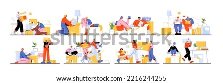 Happy family moving into new house, people relocation. Mother, father and children load, carry boxes and things to home. Characters buying real estate apartments, Line art flat vector illustration