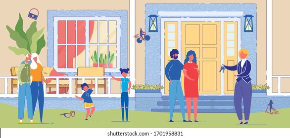 Happy Family Moving to New Home. Husband and Pregnant Wife Getting Keys from Agent. Grandfather, Grandmother and Children Standing on House Doorstep Yard. Rent, Buy Cottage. Vector Illustration