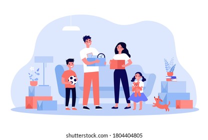 Happy family moving to new home or apartment flat vector illustration. Cartoon young mother, father and children holding boxes with stuff. Interior design and buying new house concept