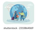 Happy family with moving route on globe vector illustration. Mother, father and son choosing country for relocation, planet with location pins. Relocation, transportation, immigration concept