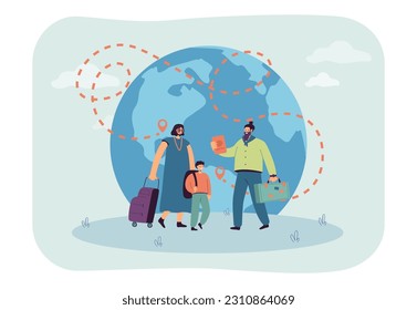 Happy family with moving route on globe vector illustration. Mother, father and son choosing country for relocation, planet with location pins. Relocation, transportation, immigration concept