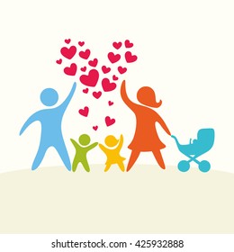 A happy family. Multicolored figures, loving family members. Parents: Mom, Dad, kids. Logo, icon, sign.