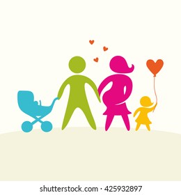 A happy family. Multicolored figures, loving family members. Parents: Mom, Dad, kids. Logo, icon, sign.