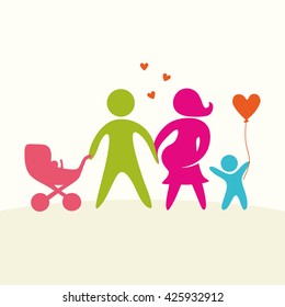 A happy family. Multicolored figures, loving family members. Parents: Mom, Dad, kids. Logo, icon, sign.