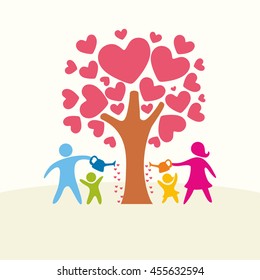 A happy family. Multicolored figures, loving family members. Family watering the tree of love.