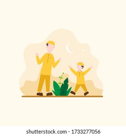 Happy family, Happy Muslim, Father and son hands up modern flat illustration design.