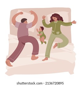 Happy family nap. Mother, father and baby sleeping together on bed top view. Mom, dad and newborn embracing each other and slumbering. Hand drawn vector decorative illustration in trendy flat style.