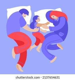 Happy Family Nap. Mother, Father And Child Sleeping Together On Bed Top View. Mom, Dad And Baby Embracing Each Other And Slumbering. Hand Drawn Vector Decorative Illustration In Trendy Flat Style.