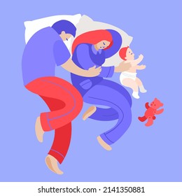 Happy family nap. Mother, father and baby sleeping together on bed top view. Mom, dad and newborn embracing each other and slumbering. Hand drawn vector decorative illustration in trendy flat style.