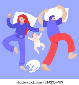 Happy family nap. Mother, father and baby sleeping together on bed top view. Mom, dad and newborn embracing each other and slumbering. Hand drawn vector decorative illustration in trendy flat style.