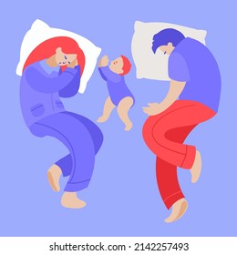 Happy family nap. Mother, father and baby sleeping together on bed top view. Mom, dad and newborn embracing each other and slumbering. Hand drawn vector decorative illustration in trendy flat style.