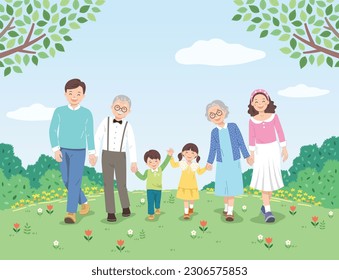 Happy family and nature background. Father, mother, grandfather, grandmother and children walk hand in hand together.