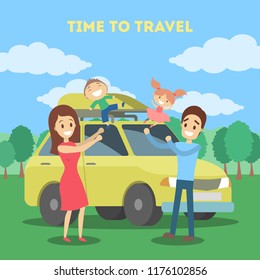 Happy family in the nature on weekend. Father and mother playing together with son and daughter in front of the yelow car. Flat vector illustration