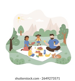 Happy family in nature. Picnic in the forest or outside the city. Multiethnic family resting, fun weekend. Parents and children spending time together. flat vector illustration