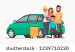 Happy family near the car with luggage. Family travel in a vehicle. Vector illustration in cartoon style