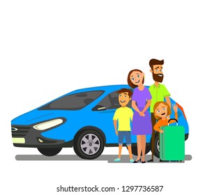 Happy family near the car with luggage. Family travel in a vehicle. Vector illustration in cartoon style.