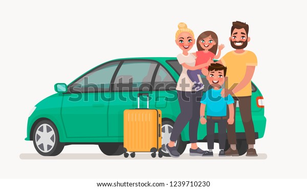 Happy family near\
the car with luggage. Family travel in a vehicle. Vector\
illustration in cartoon\
style