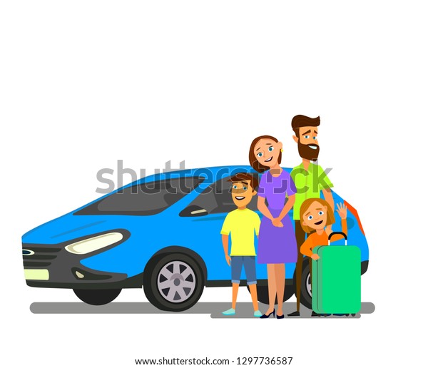 Happy family near
the car with luggage. Family travel in a vehicle. Vector
illustration in cartoon
style.
