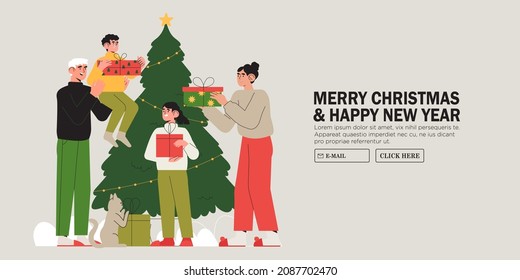 Feliz familia cerca del árbol de navidad juntos dan regalos o regalos. Banner, volante, página de inicio de las preparaciones para Navidad y Año Nuevo. Personajes de moda celebran fiestas de invierno y Navidad en casa.