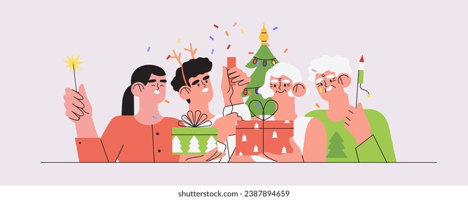 Happy family near christmas tree together give gifts or presents. Christmas and new year preparations banner, flyer, landing page. Trendy characters celebrate winter holidays and x-mas at home.