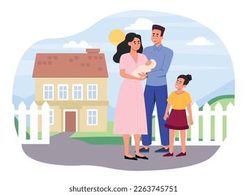 Happy family near home. Man and woman with girl and newborn on street on summer or spring day. Mother and father with children. Happy people near entrance to building. Cartoon flat vector illustration