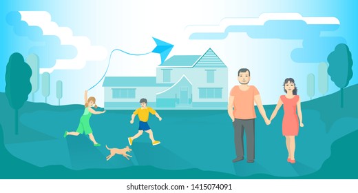 Happy family near their home. Children fly a kite and play with the dog. Vector illustration.