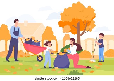 Happy Family Or Neighbors Collecting Piles Of Leaves In Yard. Boy Raking Leaves, Park Cleanup Flat Vector Illustration. Autumn Or Fall, Nature, Ecology Concept For Banner Or Landing Web Page