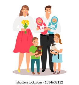 Happy family with new born twins and pets vector illustration. Family boy girl, mother and father